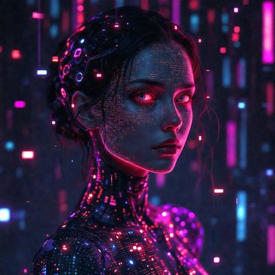 The primary subject of the image is a woman with a futuristic appearance. She is wearing a tight, shiny outfit that is illuminated by neon lights. The setting is a dark room with a purple background, which adds to the overall mood of the image. The visual style is a combination of digital art and illustration, creating a unique and captivating scene.
